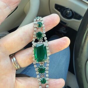 Vintage Emerald Green and Silver Bracelet w/ rhinestones- Hollywood glam